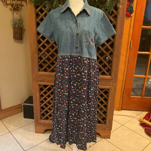 Vintage 90s Bobbie Brooks Denim Cottage Core Floral Denim Phoebe Teacher Dress